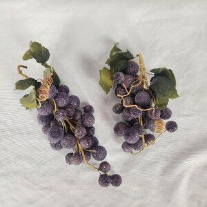 2 Vintage Beaded Grape Bunch Clusters Artificial Fruit Purple Green Leaves Vine